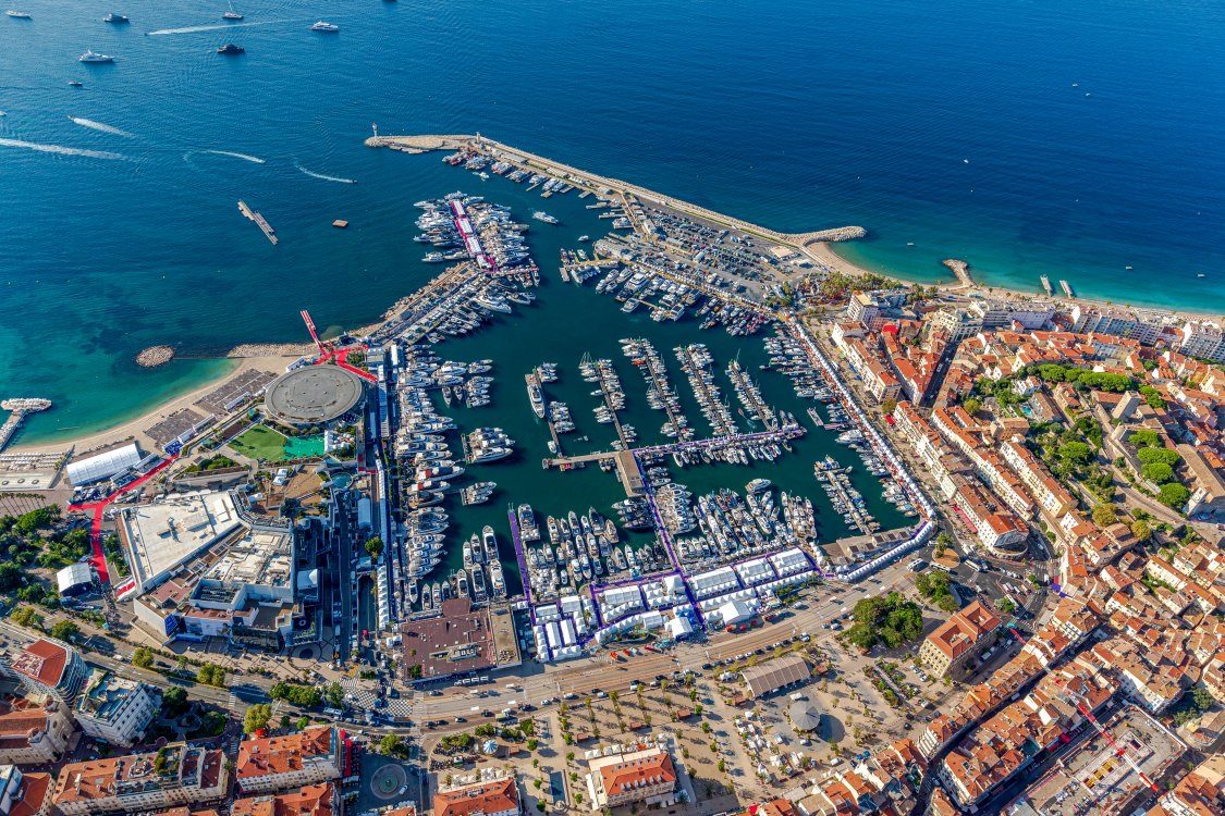 Aerial view of the Cannes marinas during the yachting festival
