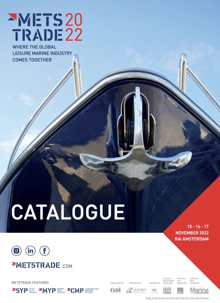 IBI METSTRADE catalogue cover featuring a motor yacht