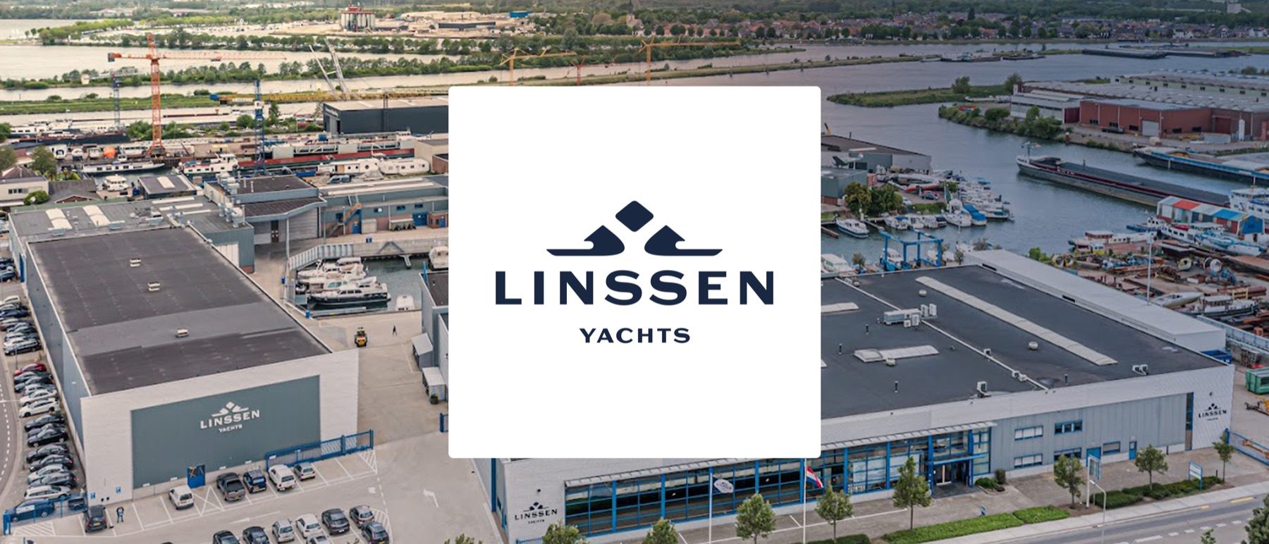 Aerial view of the Linssen Yachts shipyard with its logo