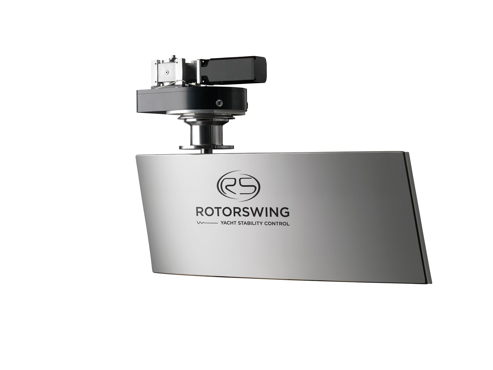 A RotorSwing fin stabilizer photographed against white: a polished steel fin blade engraved with the RotorSwing mark, carried on a black rotating base with its drive unit above