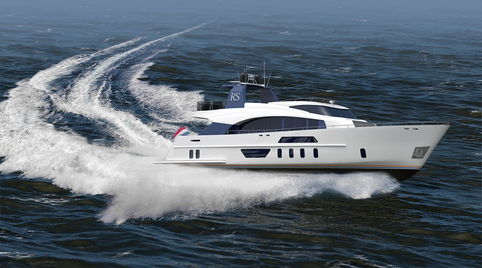 A RotorSwing visualization of a white motor yacht running hard on open water, throwing a broad curved wake astern