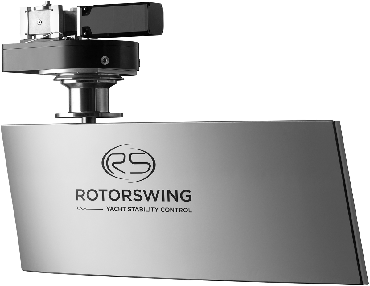 A RotorSwing electric fin stabilizer: the steel fin blade carrying the RotorSwing logo, with its drive head, gearbox and motor mounted above
