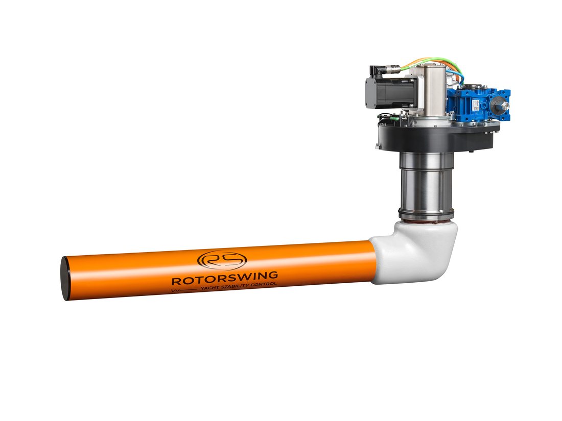 A RotorSwing rotor stabilizer against white, the orange cylinder on its swing arm