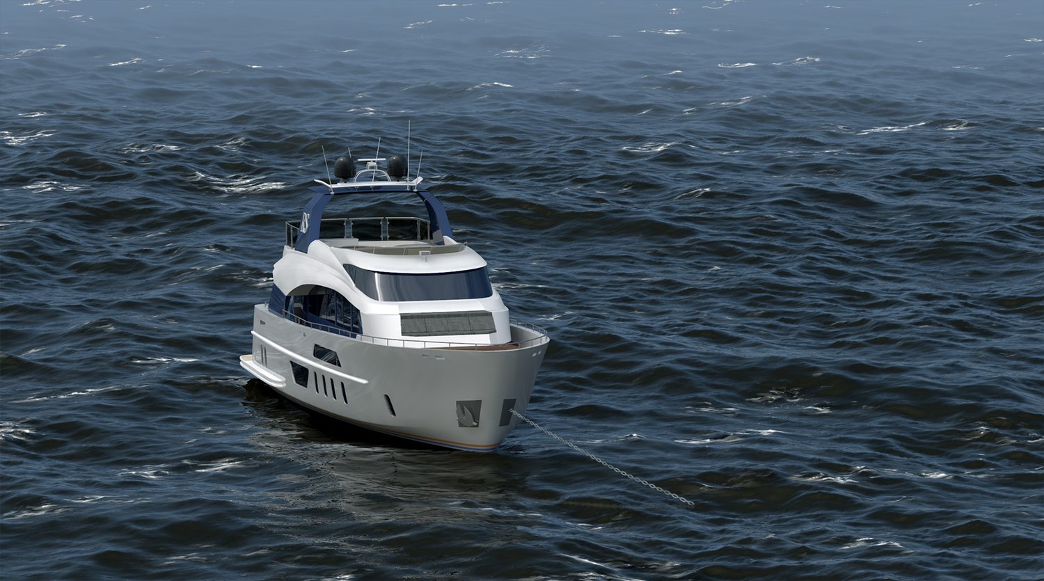 A RotorSwing visualization of a motor yacht lying at anchor on open water, its anchor chain running down from the bow