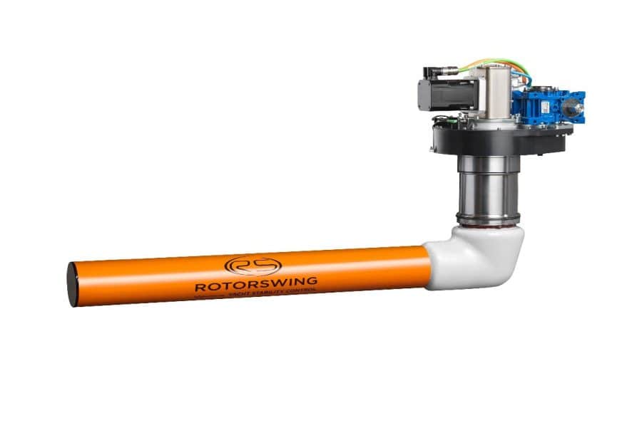 RS rotor stabilizer: the orange Magnus rotor on its swing arm with the electric drive unit, photographed on white